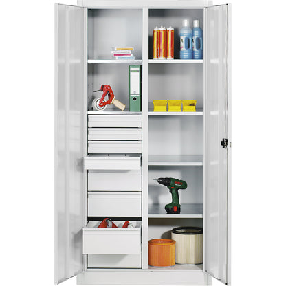Storage cupboard made of sheet steel, 6 shelves, 8 drawers, HxWxD 1950 x 930 x 500 mm, light grey.