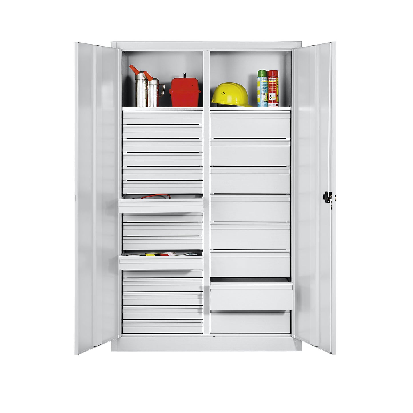Storage cupboard made of sheet steel, 2 shelves, 24 drawers, HxWxD 1950 x 930 x 500 mm, light grey.