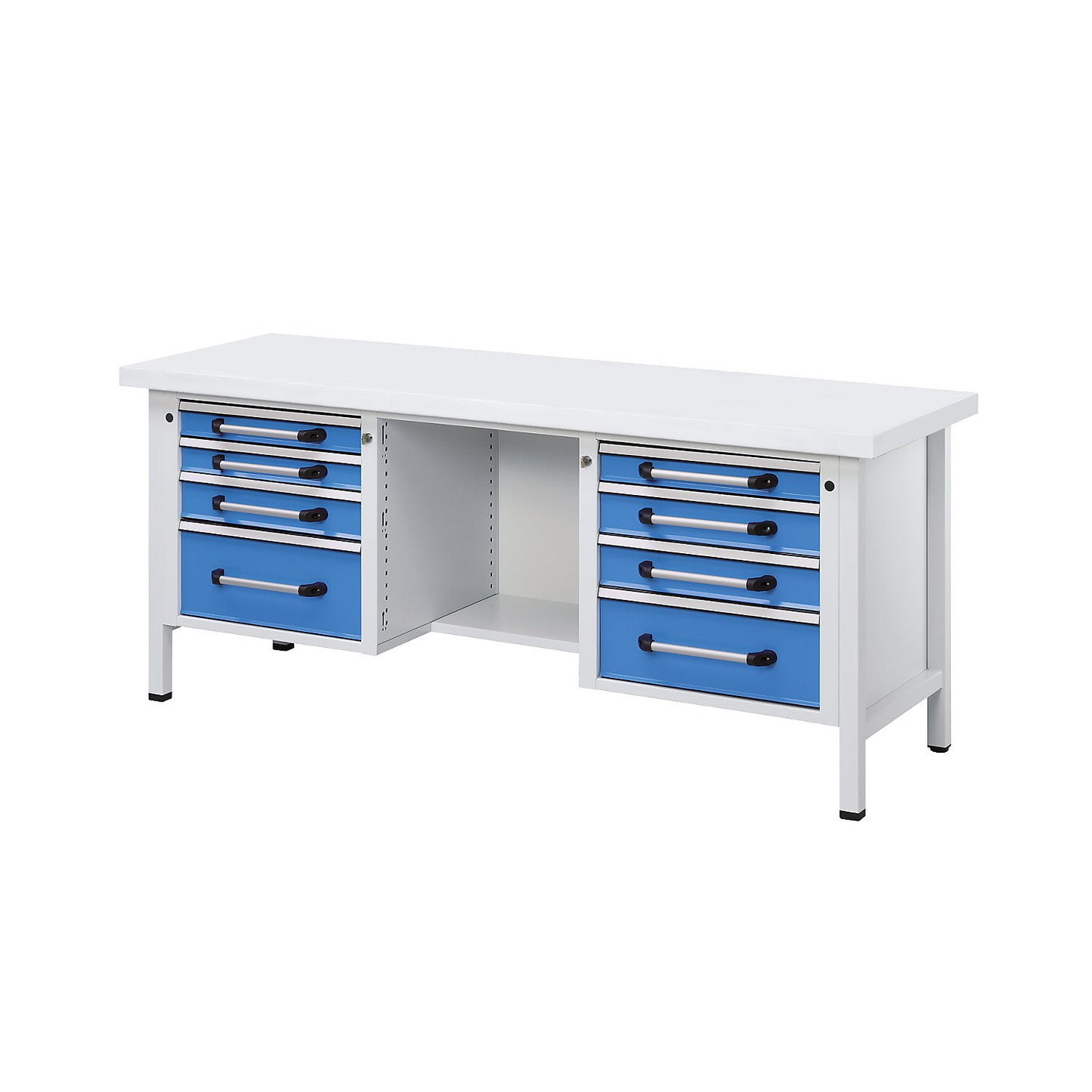 Workbench, frame construction, width 2000 mm, 8 drawers, universal worktop.