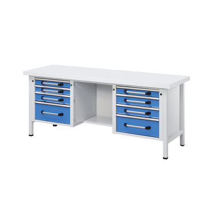 Workbench, frame construction, width 2000 mm, 8 drawers, universal worktop.