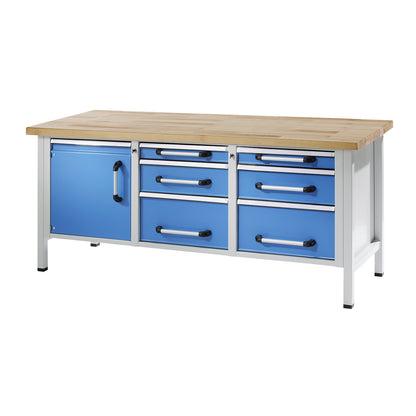 Workbench, frame construction, width 2000 mm, 6 drawers, 1 door, solid beech.