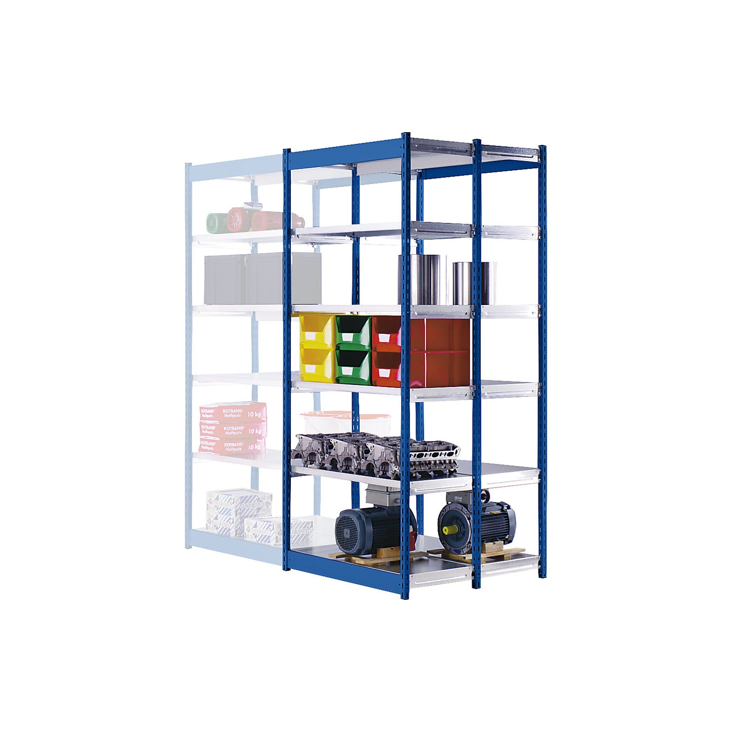 Stable boltless shelf unit, double sided, shelf unit height 2000 mm, blue / zinc-plated, shelf width 1025 mm, basic shelf unit, width x depth 1025 x 500 mm.