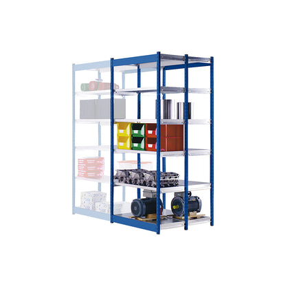 Stable boltless shelf unit, double sided, shelf unit height 2000 mm, blue / zinc-plated, shelf width 1025 mm, basic shelf unit, width x depth 1025 x 500 mm.
