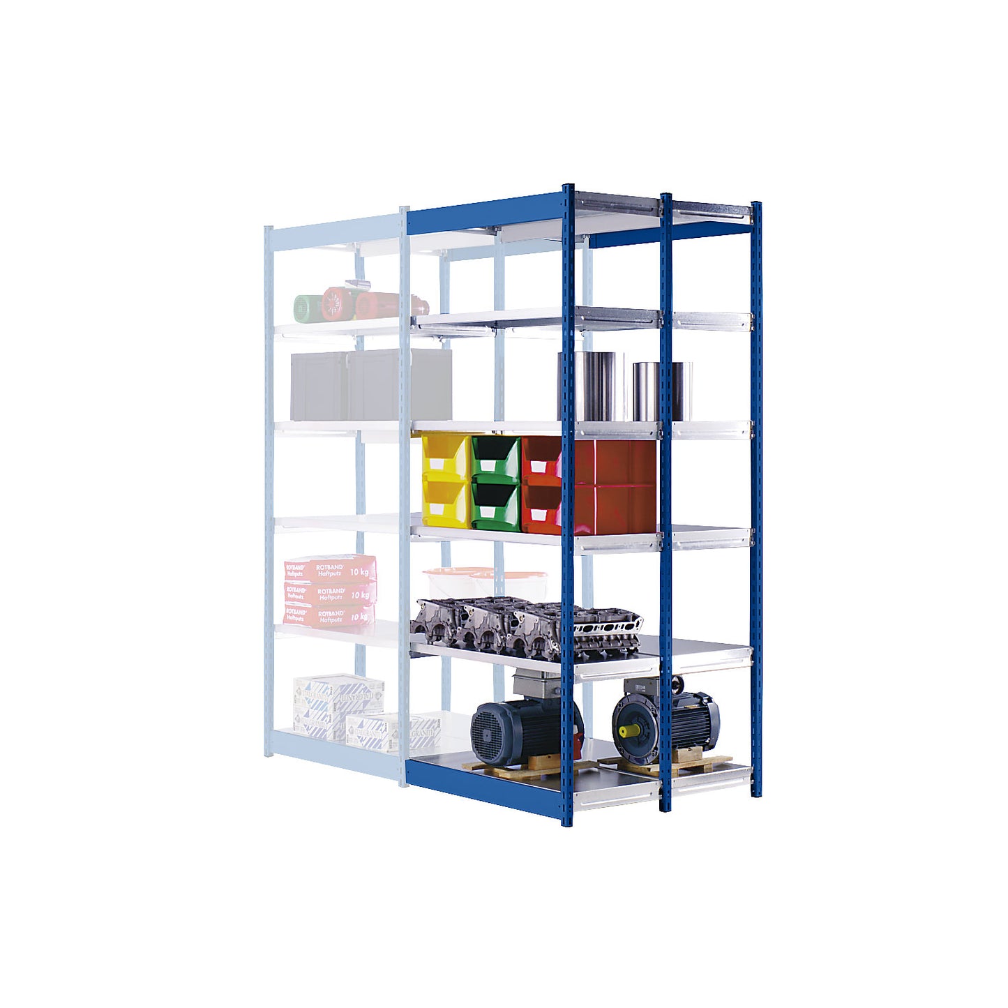 Stable boltless shelf unit, double sided, shelf unit height 2000 mm, blue / zinc-plated, shelf width 1025 mm, extension shelf unit, width x depth 1025 x 500 mm.