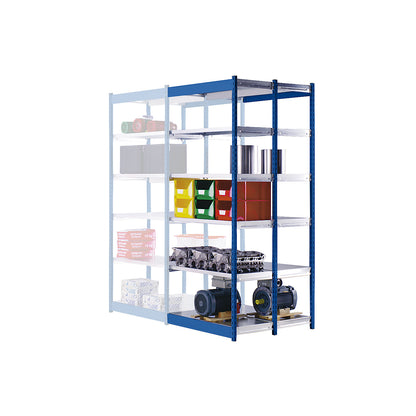 Stable boltless shelf unit, double sided, shelf unit height 2000 mm, blue / zinc-plated, shelf width 1025 mm, extension shelf unit, width x depth 1025 x 500 mm.