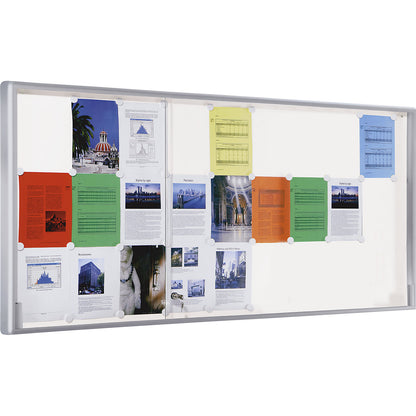 Display case, aluminium frame, sliding doors, 27 x A4, WxHxD 1970 x 970 x 50 mm, square frame corners.