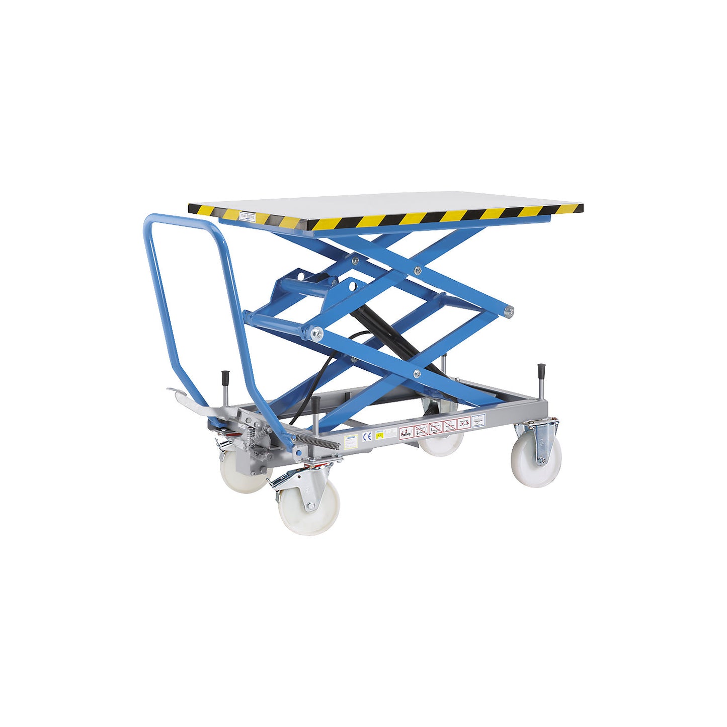 Double scissor lifting platform truck, max. load 500 kg, lifting range 380 - 1315 mm, nylon tyres.