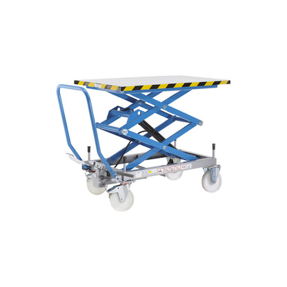 Double scissor lifting platform truck, max. load 500 kg, lifting range 380 - 1315 mm, nylon tyres.