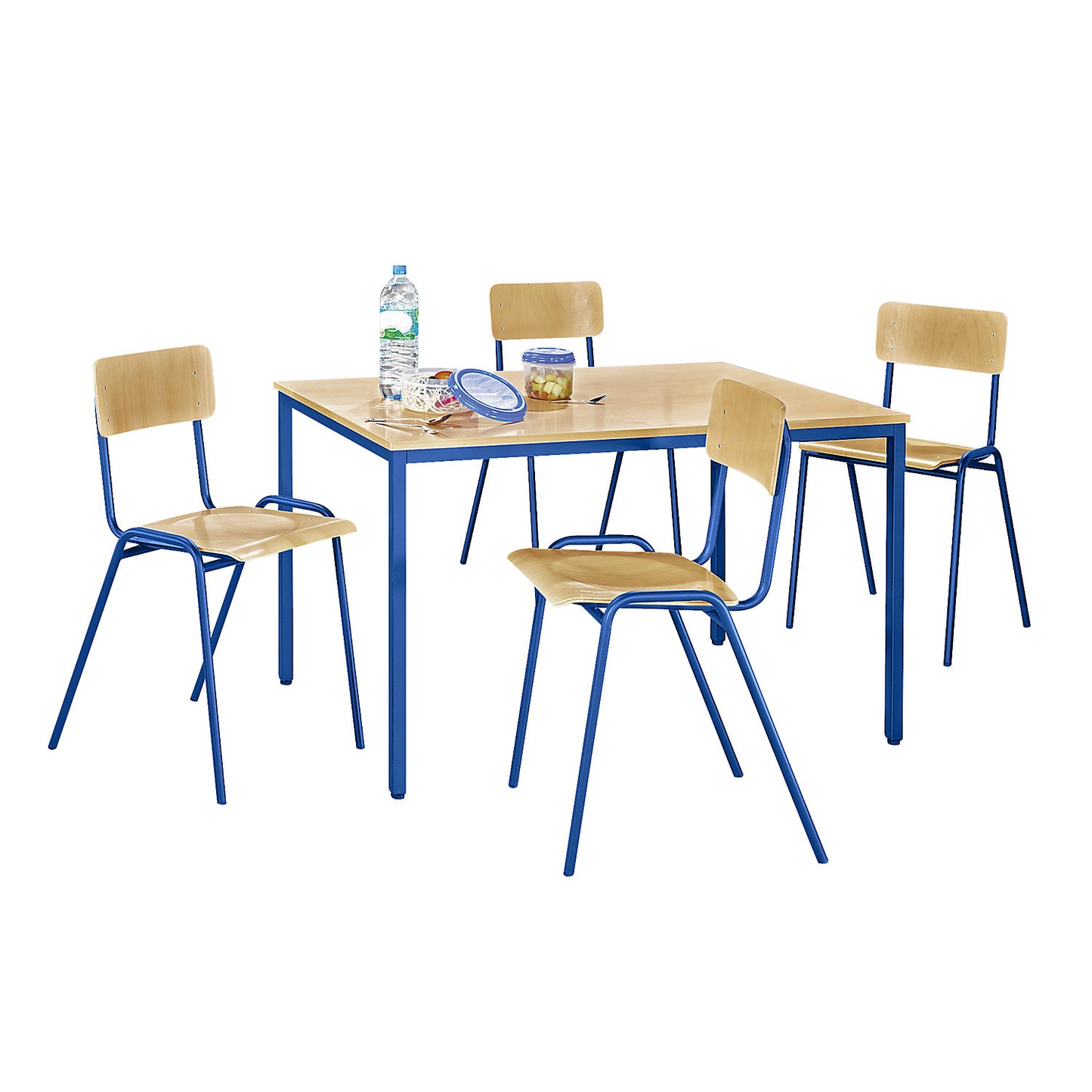 Multi-purpose seating unit, 1 table, 4 chairs, tabletop in beech finish, gentian blue frame.