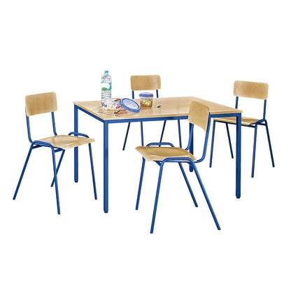 Multi-purpose seating unit, 1 table, 4 chairs, tabletop in beech finish, gentian blue frame.