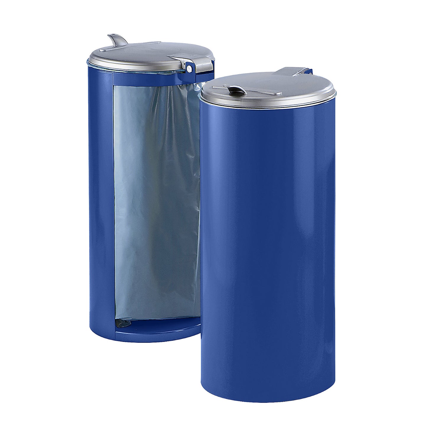 Sheet steel waste collector, for capacity 120 l, front concealed, blue with silver coloured plastic lid.