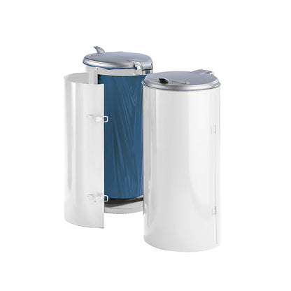 Sheet steel waste collector, for capacity 120 l, with single door, white with silver coloured plastic lid.
