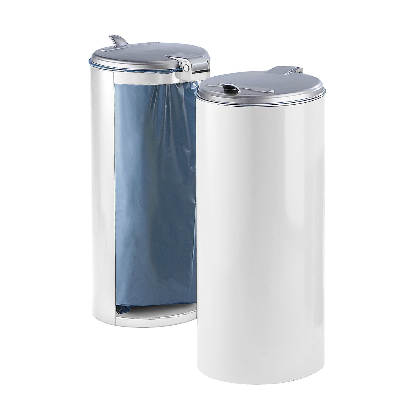 Sheet steel waste collector, for capacity 120 l, front concealed, white with silver coloured plastic lid.