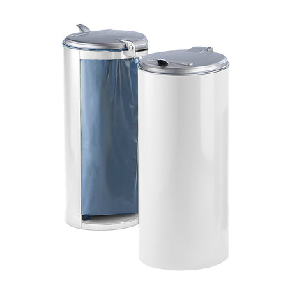 Sheet steel waste collector, for capacity 120 l, front concealed, white with silver coloured plastic lid.