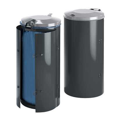 Sheet steel waste collector, for capacity 120 l, with single door, charcoal with silver coloured plastic lid.