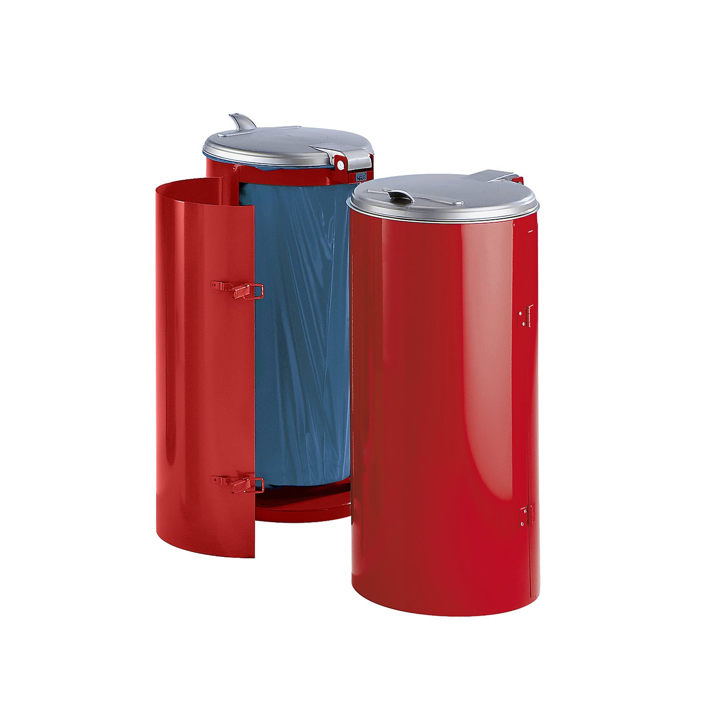 Sheet steel waste collector, for capacity 120 l, with single door, red with silver coloured plastic lid.