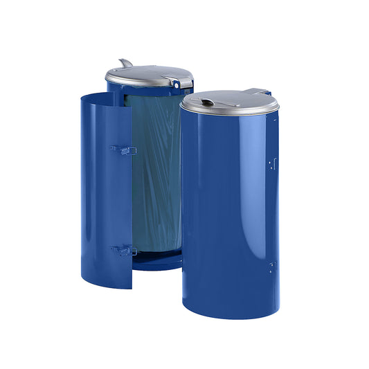 Sheet steel waste collector, for capacity 120 l, with single door, blue with silver coloured plastic lid.