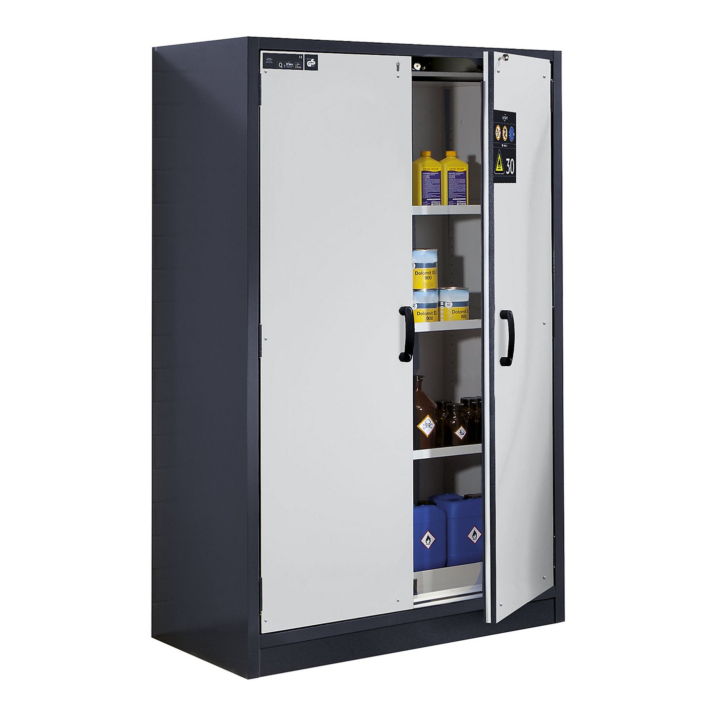 Fire resistant hazardous goods cupboard, type 30, 2-door, width 1164 mm, light grey.