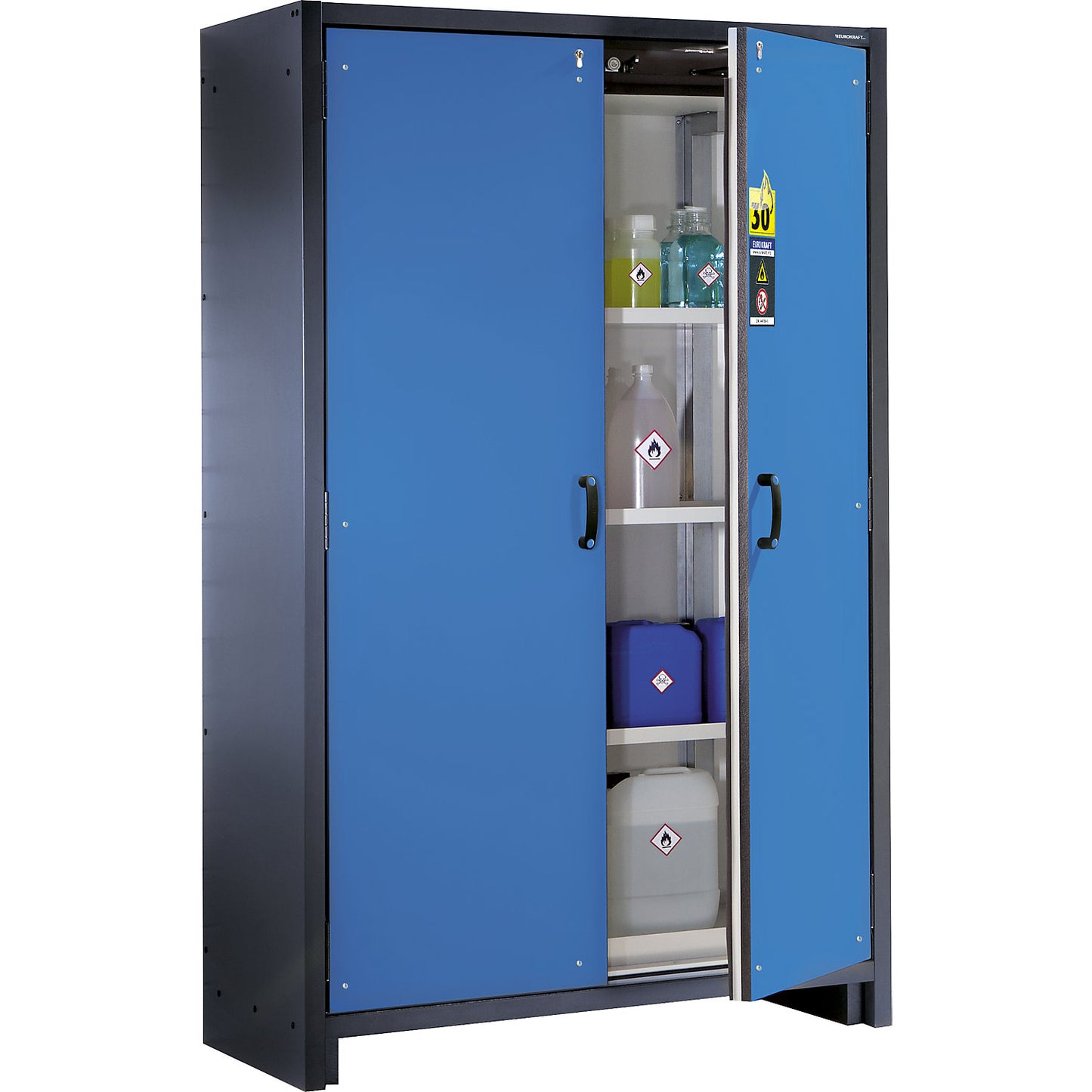 Fire resistant hazardous goods storage cupboard type 30, 2 doors, 3 shelves, light blue doors.