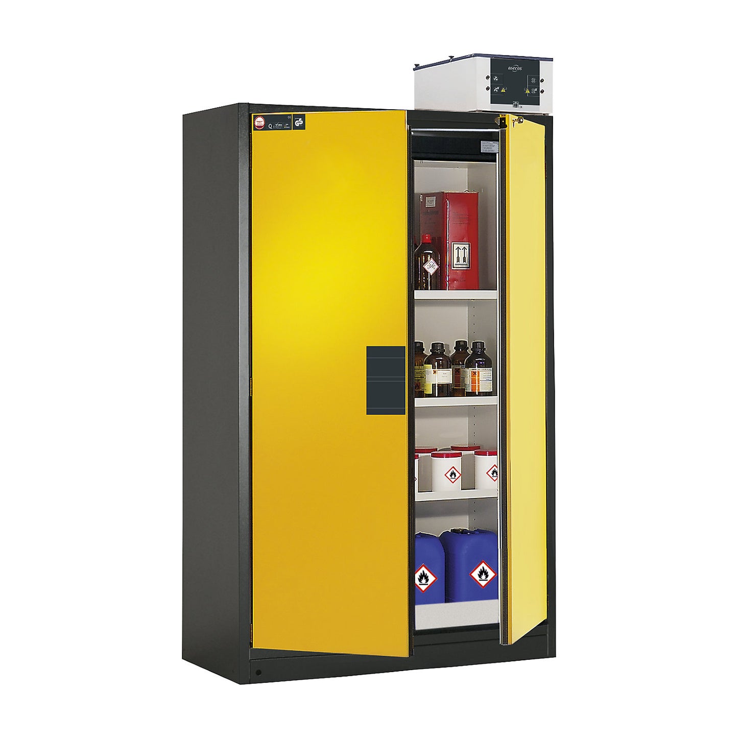 Fire resistant hazardous goods storage cupboard type 90, semi-automatic, with 3 shelves, door colour yellow.