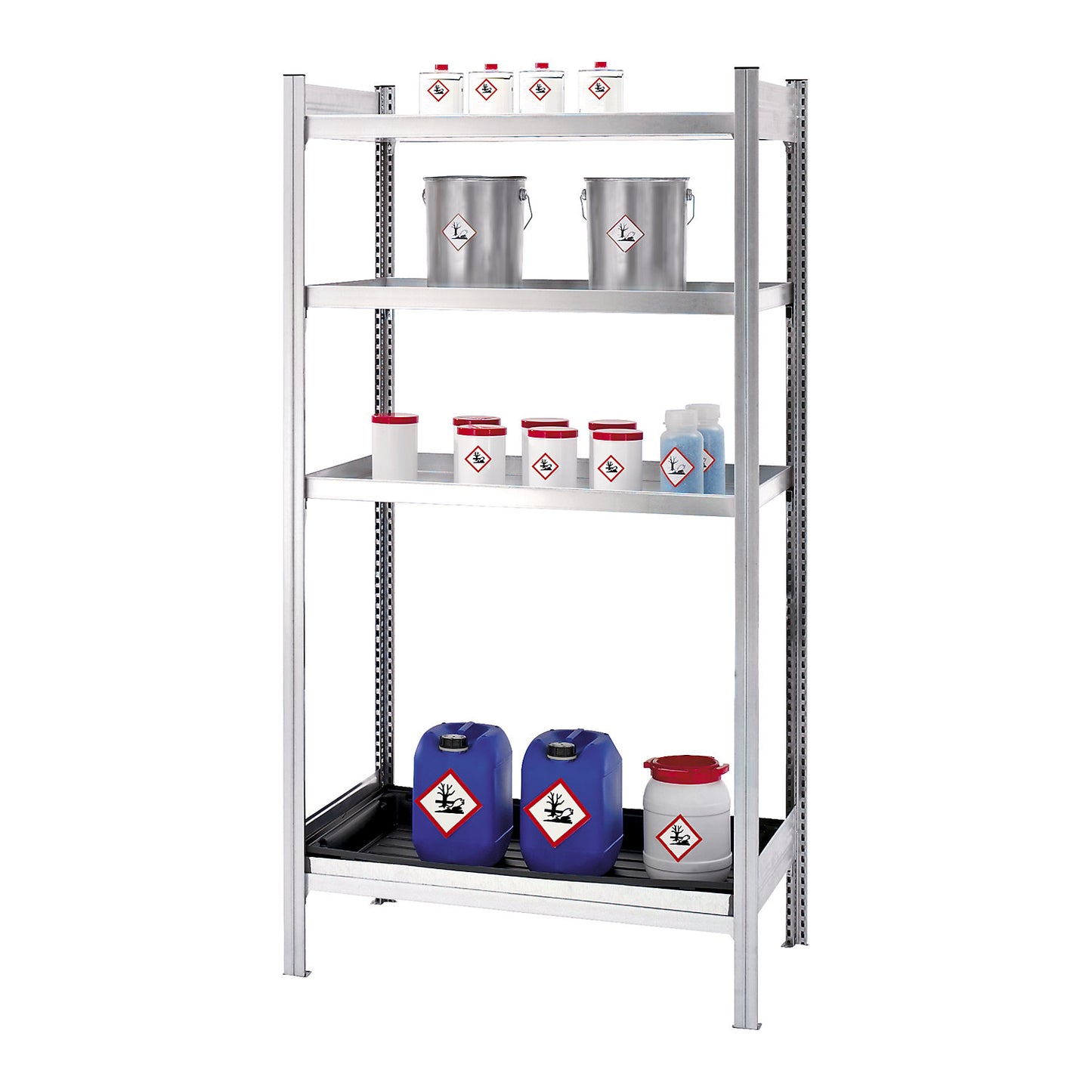 Hazardous goods shelving for small containers, for water hazardous media, 4 tray shelves, shelf width 1000 mm, standard shelf unit.