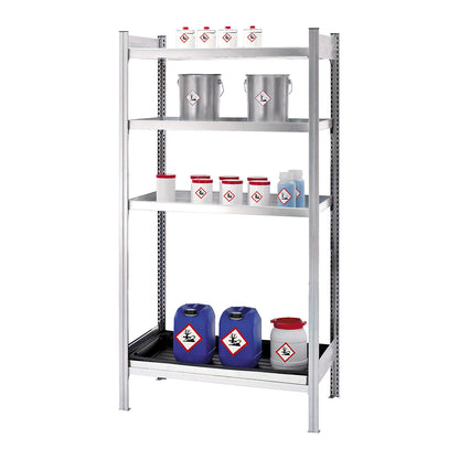 Hazardous goods shelving for small containers, for water hazardous media, 4 tray shelves, shelf width 1000 mm, standard shelf unit.