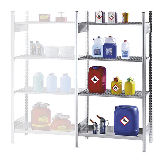 Hazardous substance shelving for small containers for water-polluting and flammable substances, 3 mesh shelves, 1 tray shelf, extension shelf unit, shelf width 1000 mm.