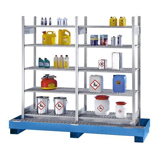 Hazardous goods shelving for small containers, for water hazardous and flammable media, 8 mesh shelves, 1 base sump tray, sump tray painted blue.