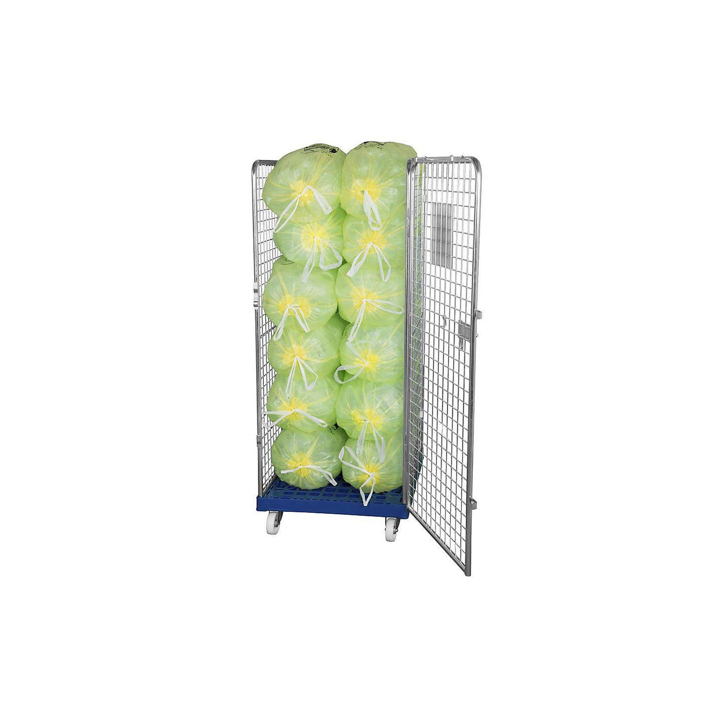 Wire mesh container with plastic dolly, 4-sided, effective height 1585 mm.