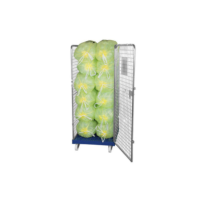 Wire mesh container with plastic dolly, 4-sided, effective height 1585 mm.