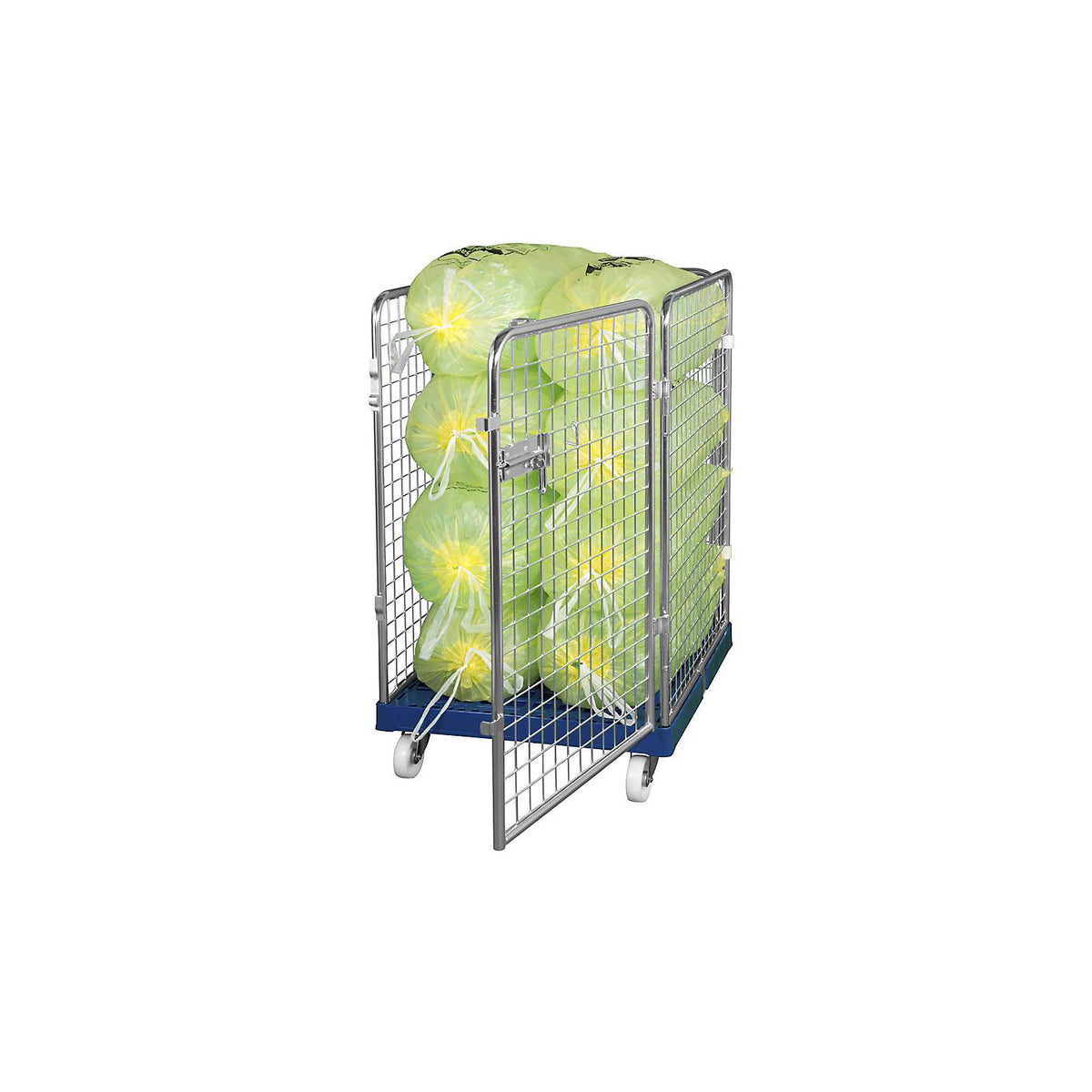 Wire mesh container with plastic dolly, 4-sided, effective height 1020 mm.