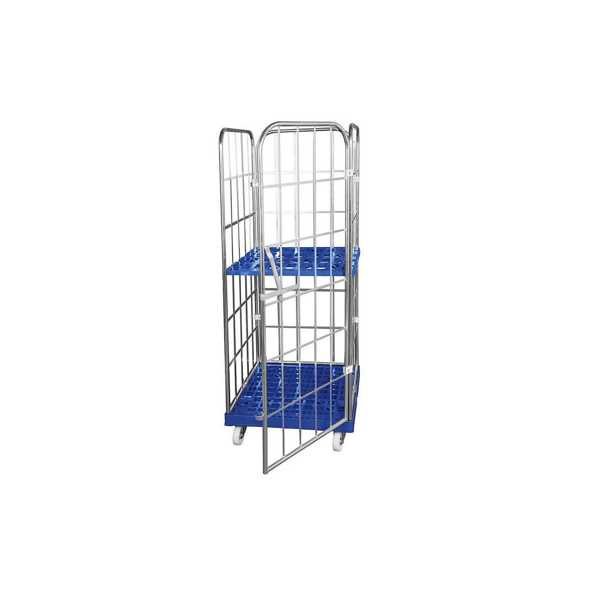 Roll container with plastic dolly, 4 sided, WxD 724 x 815 mm, single piece front panel, effective height 1650 mm.