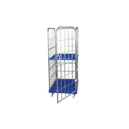 Roll container with plastic dolly, 4 sided, WxD 724 x 815 mm, single piece front panel, effective height 1650 mm.