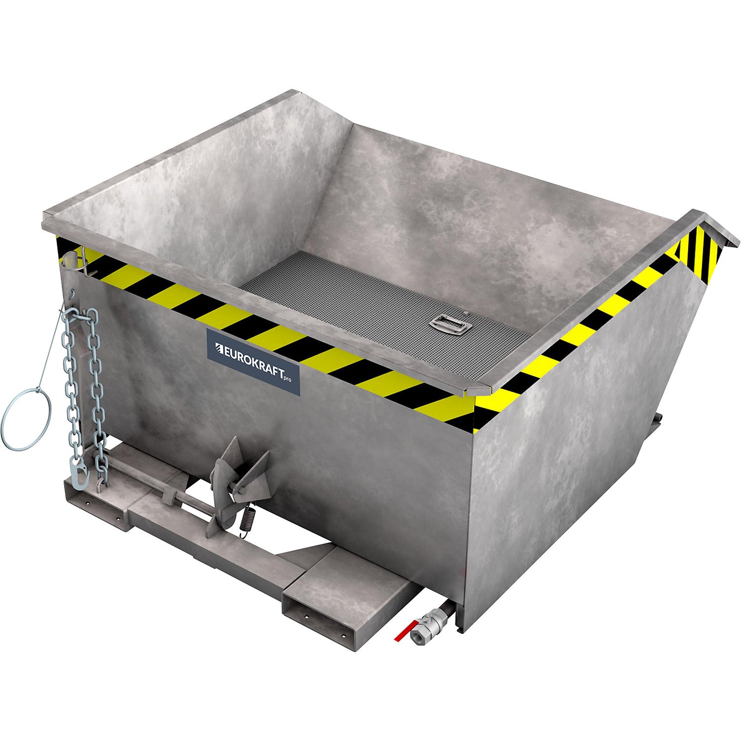 Tilting skip for shavings, low overall height (E), capacity 0.75 m³, hot dip galvanised in accordance with EN ISO 1461.