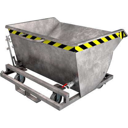 Tilting skip for metal swarf, with nylon wheels, capacity 0.5 m³, hot dip galvanised in accordance with EN ISO 1461.
