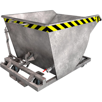 Tilting skip for metal swarf, with nylon wheels, capacity 0.75 m³, hot dip galvanised in accordance with EN ISO 1461.