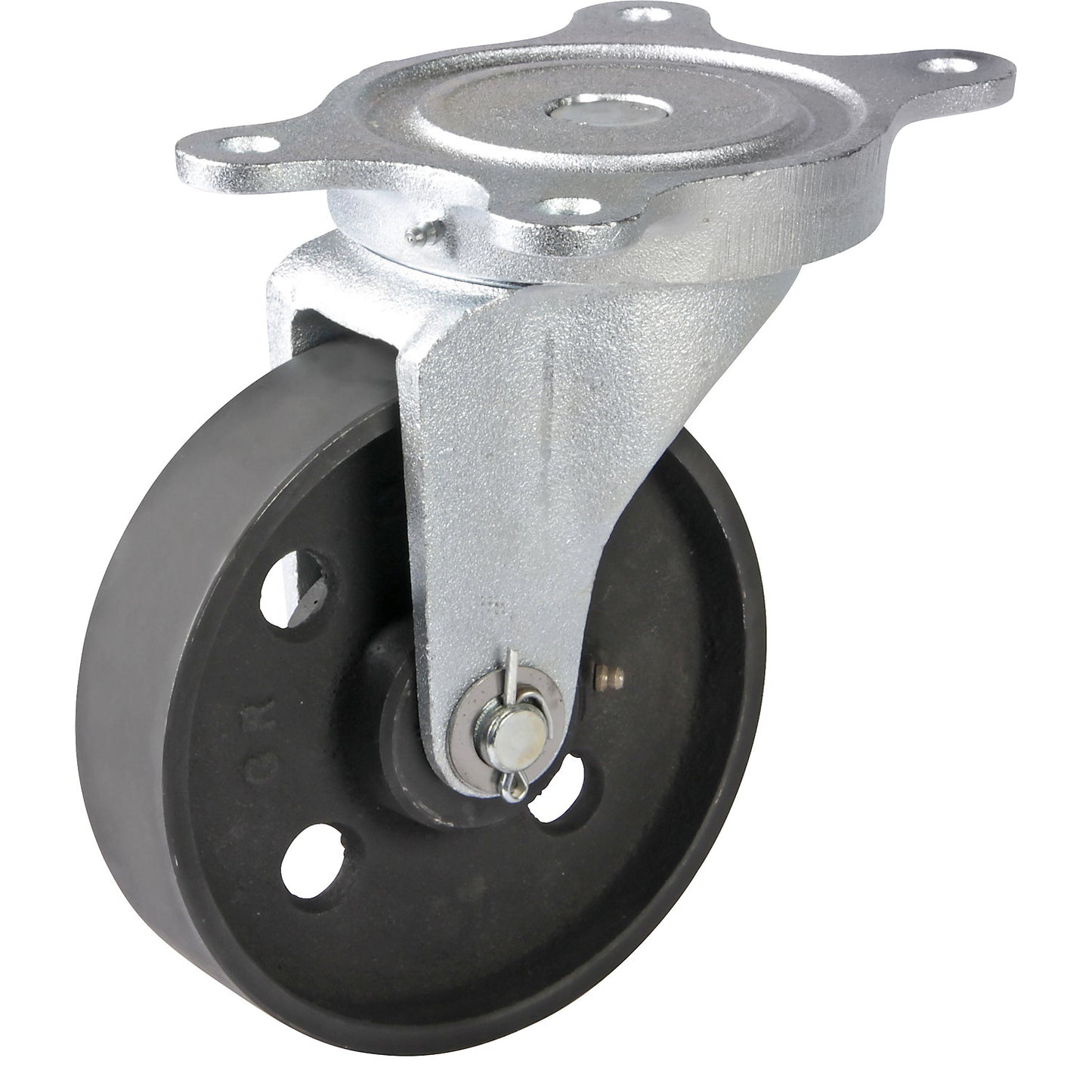 Grey cast iron wheel, annealed cast iron housing, wheel Ø x width 200 x 50 mm, swivel castor with roller bearings.