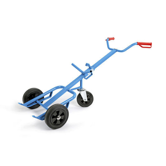 Drum truck for steel drums, max. load 400 kg, with solid rubber support wheel, solid rubber axle wheels.