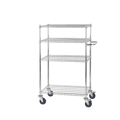 Wire mesh table trolley, chrome plated, with 4 shelves, LxWxH 910 x 610 x 1365 mm.