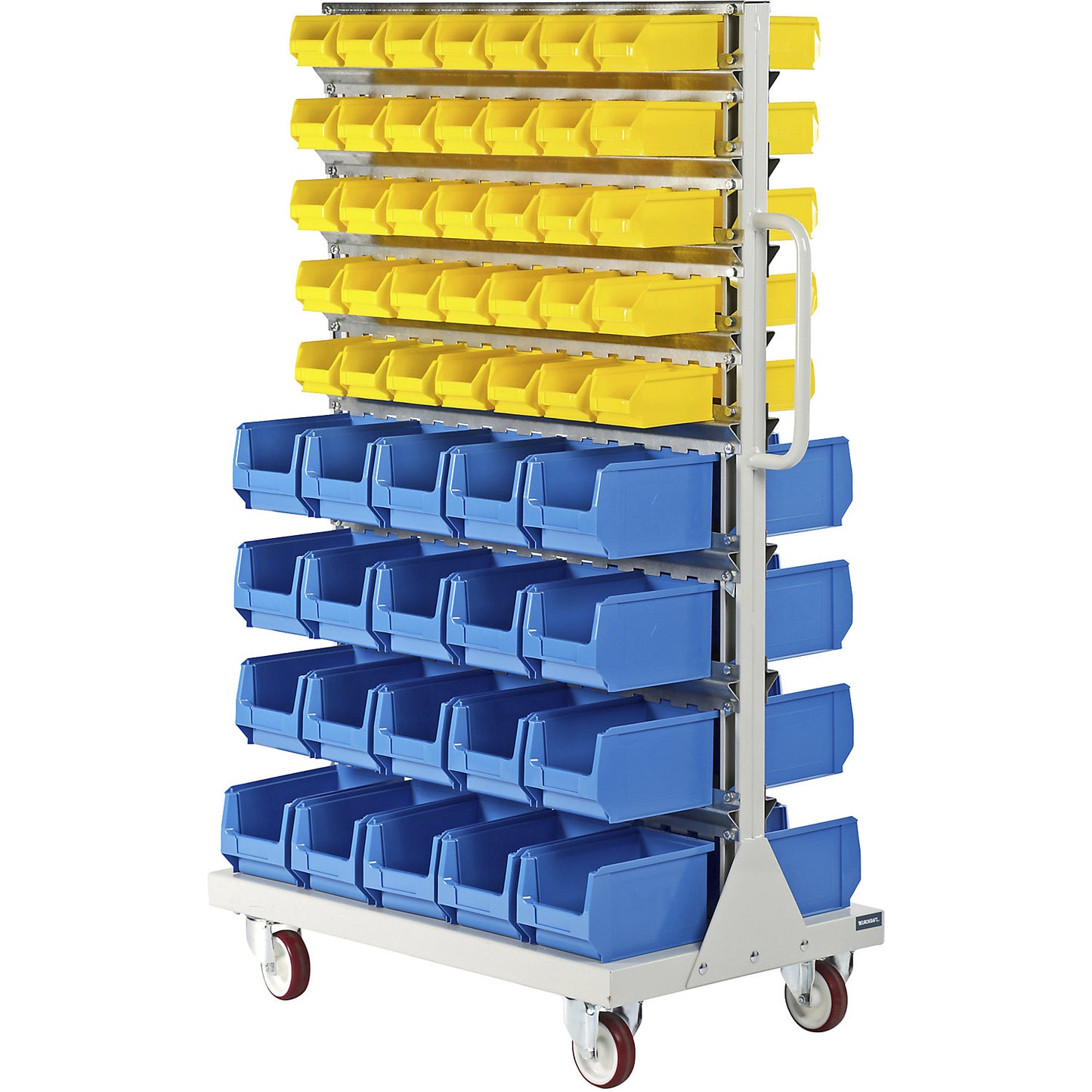 Mobile rack with open fronted storage bins, double sided, HxWxD 1450 x 855 x 540 mm, with 140 bins.