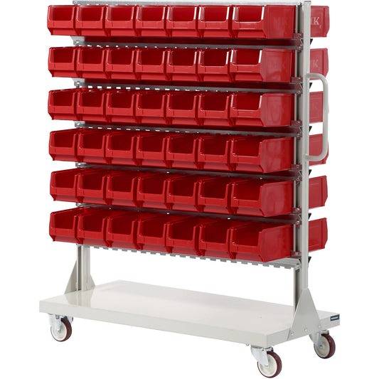 Mobile rack with open fronted storage bins, double sided, HxWxD 1450 x 1170 x 540 mm, with 98 bins.