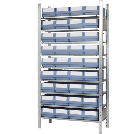 Boltless shelving unit with shelf bins, height 2000 mm, 36 bins, 9 shelves, depth 436 mm, standard shelf unit.