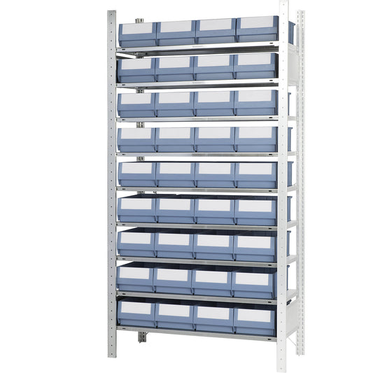 Boltless shelving unit with shelf bins, height 2000 mm, 36 bins, 9 shelves, depth 436 mm, extension shelf unit.