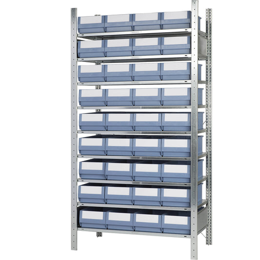 Boltless shelving unit with shelf bins, height 2000 mm, 36 bins, 9 shelves, depth 636 mm, standard shelf unit.