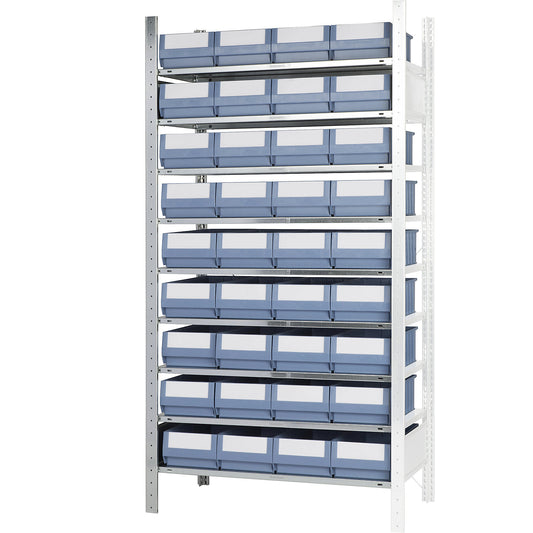 Boltless shelving unit with shelf bins, height 2000 mm, 36 bins, 9 shelves, depth 536 mm, extension shelf unit.