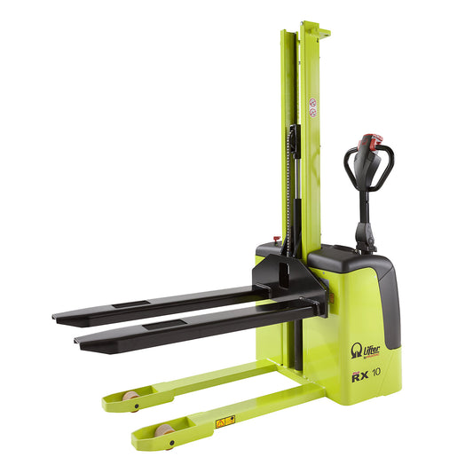 Electric drawbar stacker, max. load 1000 kg, fork dimensions LxW 1153 x 150 mm.