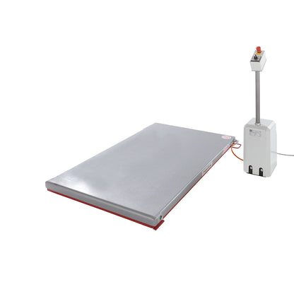 Low profile lift table, G series, max. load 1000 kg, lifting range 80 - 750 mm, LxW 1450 x 900 mm, 400 V 3-phase.