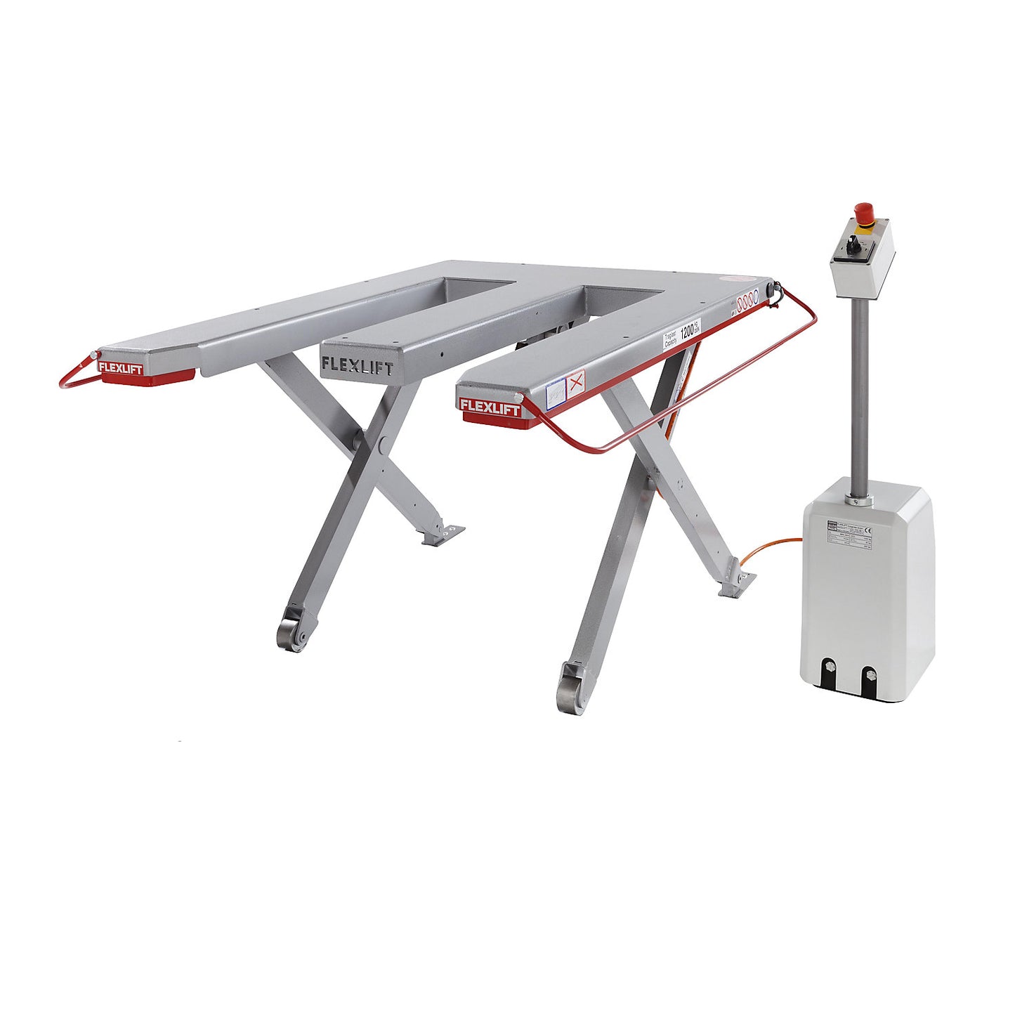 Low profile lift table, E series, max. load 1500 kg, LxW 1300 x 910 mm, 400 V 3-phase.