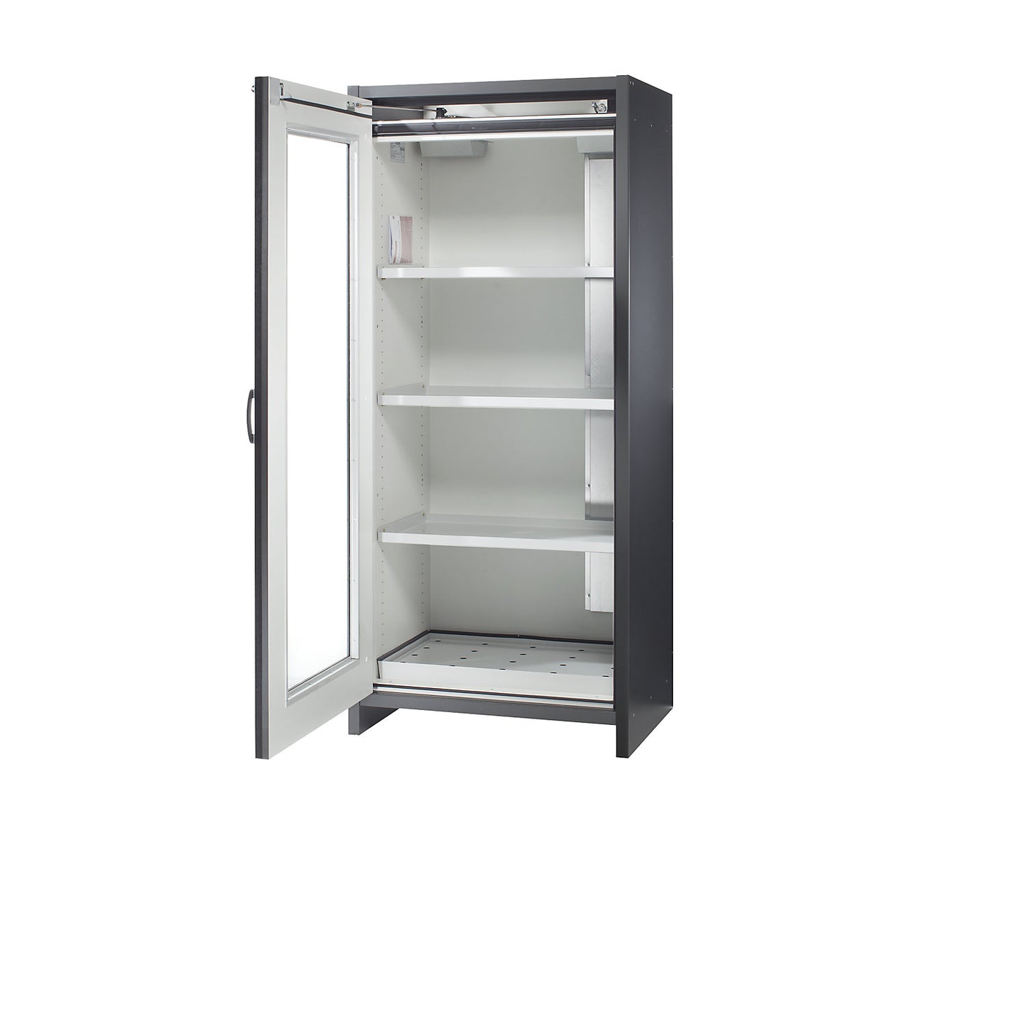 Fire resistant hazardous goods cupboard, type 30, with vision panel, light grey.