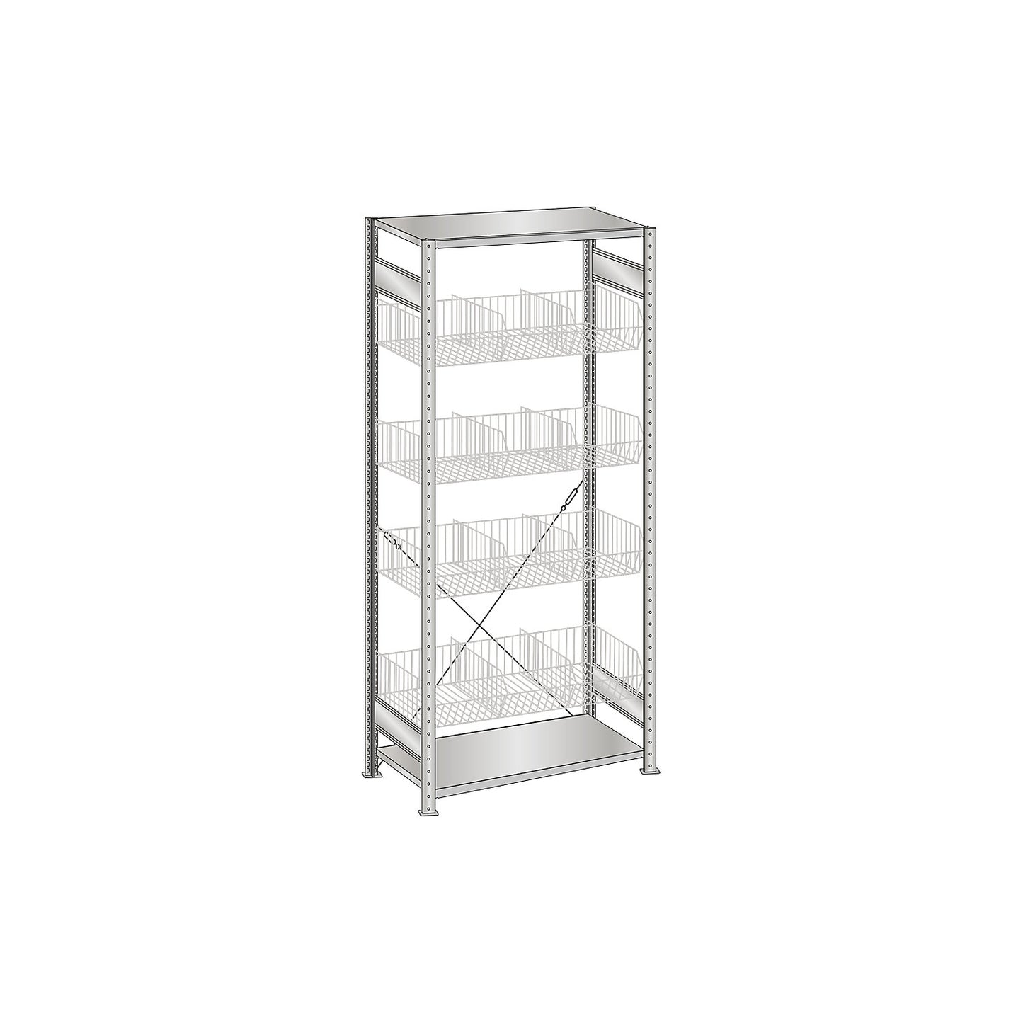 Wire mesh basket shelving unit, zinc plated, WxD 1000 x 500 mm, with 4 baskets, standard shelf unit, height 2000 mm.